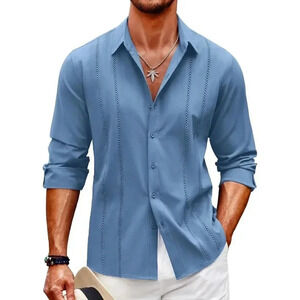 ❤️  Blue Cuban Shirt Casual Button Down Shirts Long Sleeve Beach Linen Shirts